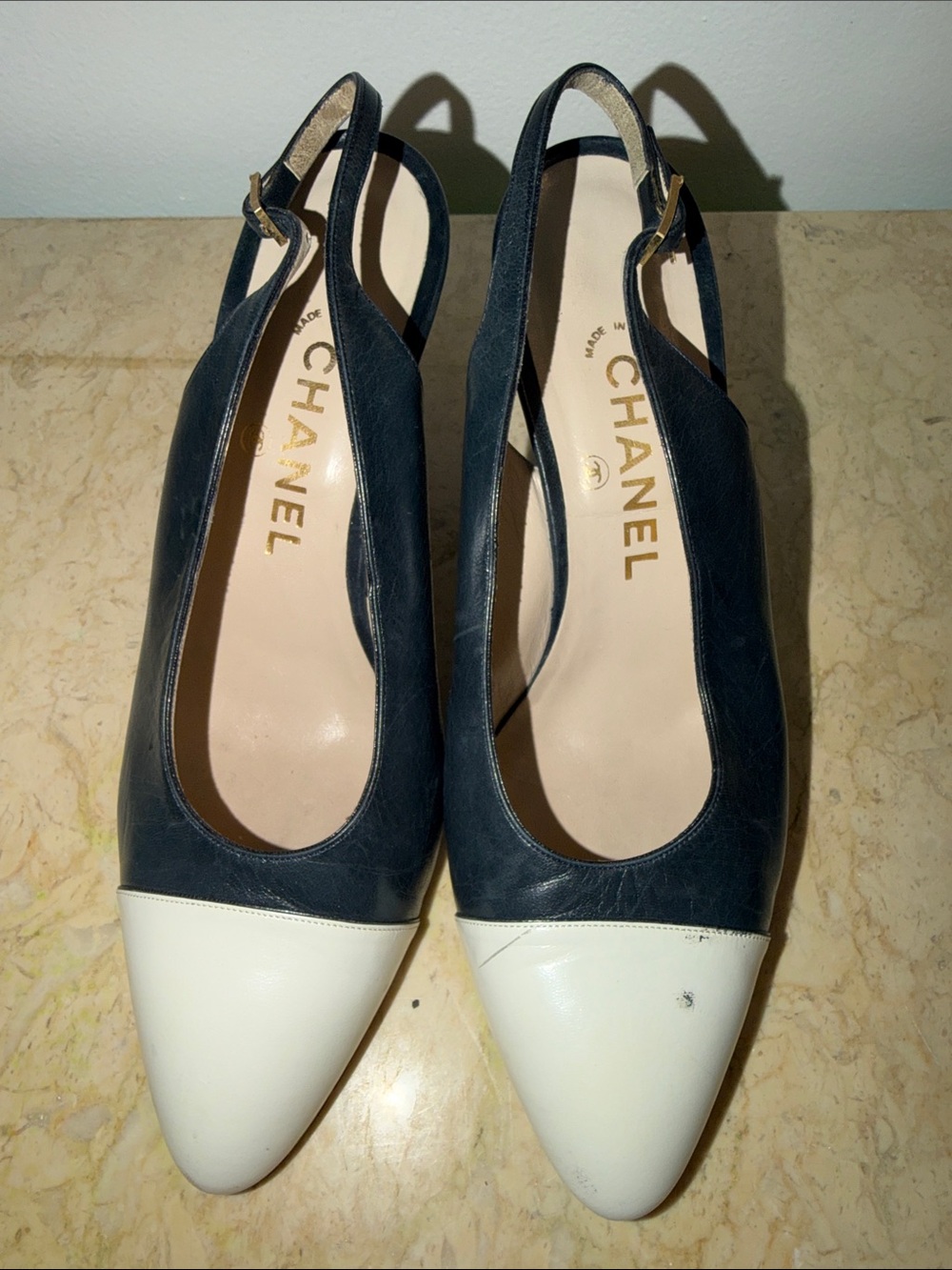 CHANEL Navy and White Two-Tone Slingback heels